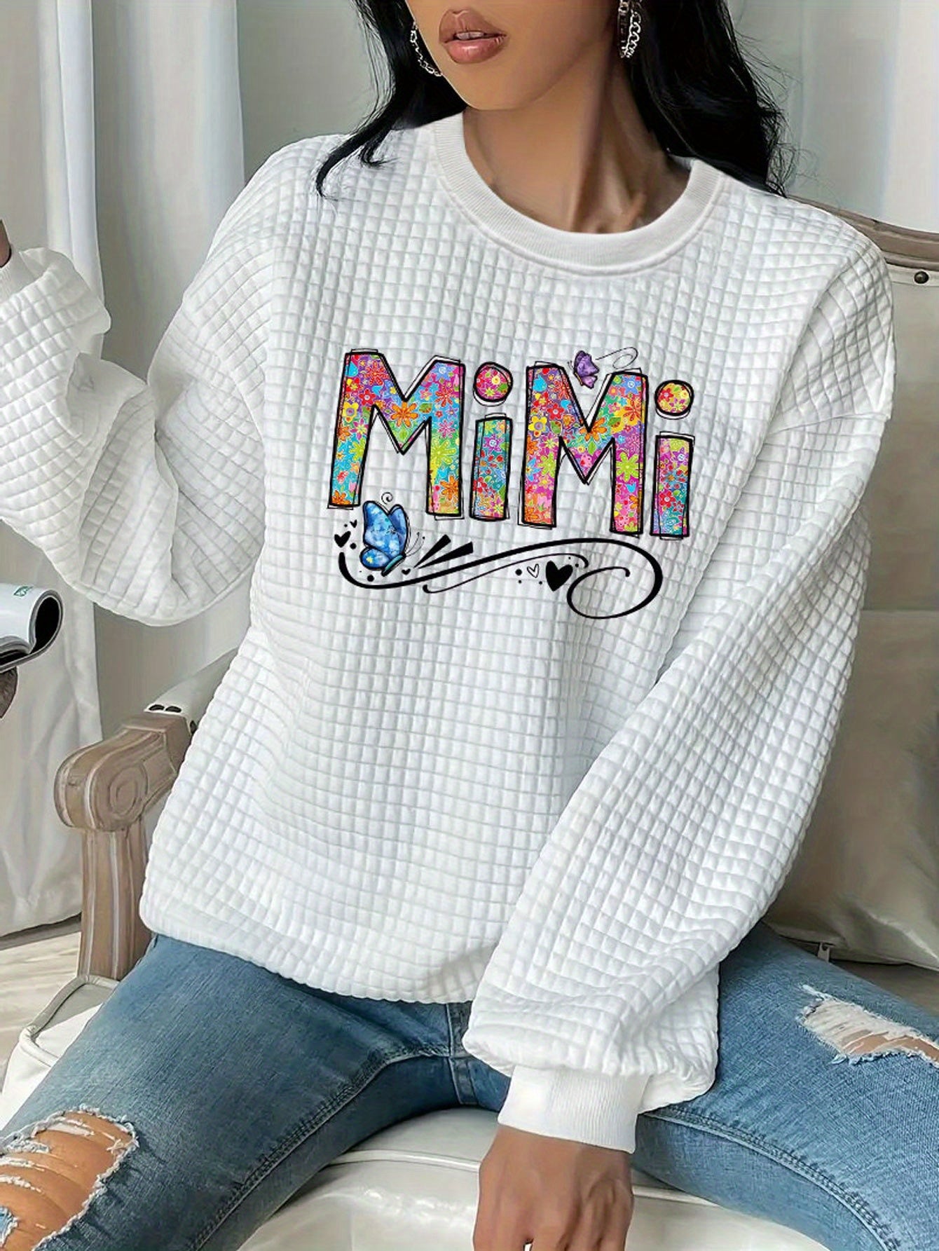 MIMI Chic Waffle Print Crew Neck Sweatshirt - Soft, Cozy, Long Sleeve, Casual, Women's Fashion Clothing for Daily Wear - High-Quality Fabric, Relaxed Fit, Easy Care