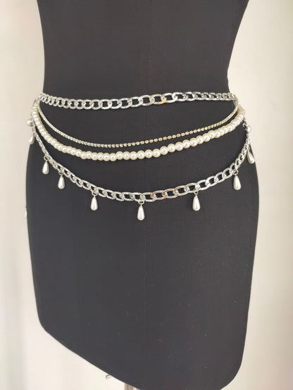 2025 2020 New ins Popular trade nightclub style flamboyant pearl chain mixed and matched multi-layer waist chain fb1009