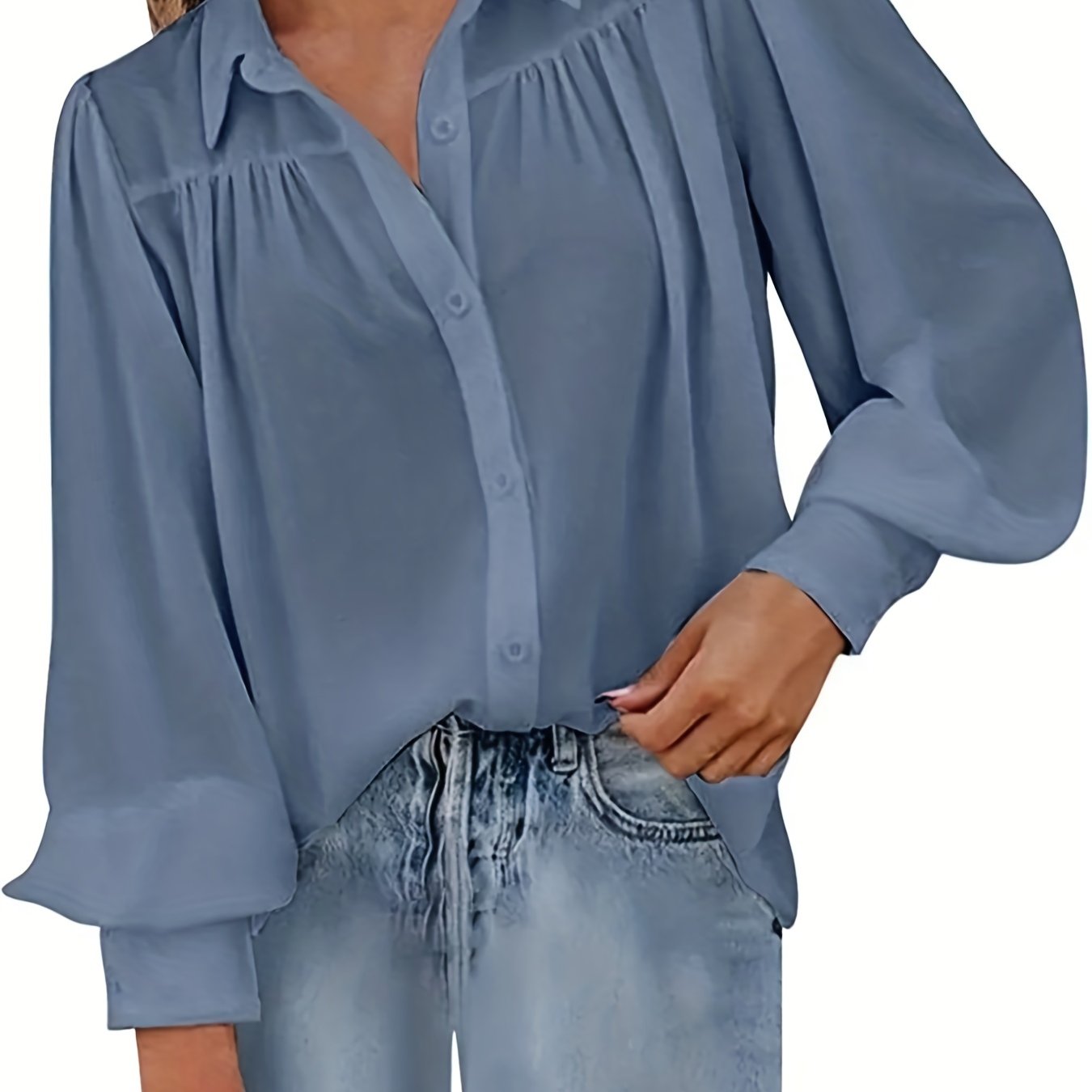 Chic Plus Size Lantern Sleeve Blouse - Comfort Stretch, Sleek Button-Up, Versatile for Work & Casual