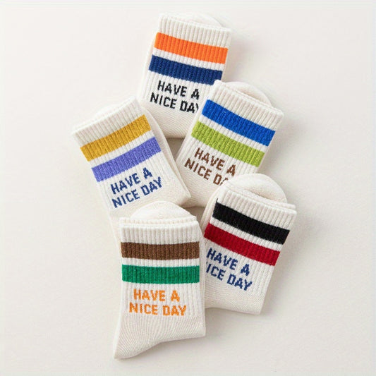 5 Pairs Of Boy's Trendy Striped Letter Pattern Crew Socks, Breathable Cotton Blend Comfy Casual Style Unisex Socks For Kids Outdoor All Seasons Wearing