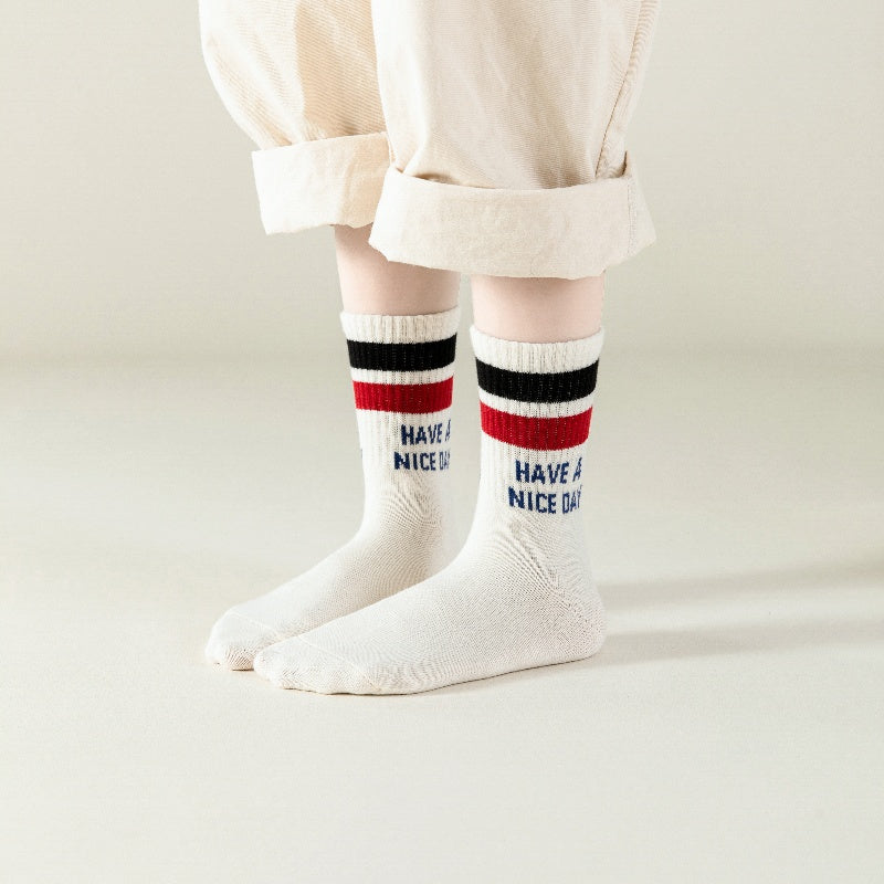 5 Pairs Of Boy's Trendy Striped Letter Pattern Crew Socks, Breathable Cotton Blend Comfy Casual Style Unisex Socks For Kids Outdoor All Seasons Wearing