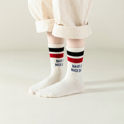 5 Pairs Of Boy's Trendy Striped Letter Pattern Crew Socks, Breathable Cotton Blend Comfy Casual Style Unisex Socks For Kids Outdoor All Seasons Wearing