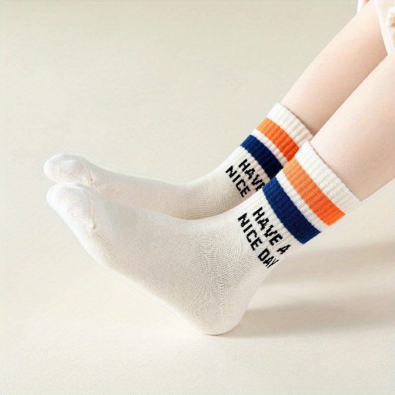 5 Pairs Of Boy's Trendy Striped Letter Pattern Crew Socks, Breathable Cotton Blend Comfy Casual Style Unisex Socks For Kids Outdoor All Seasons Wearing