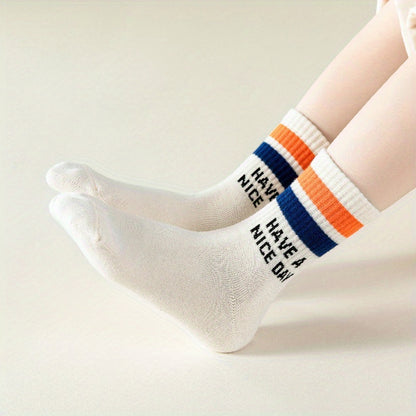 5 Pairs Of Boy's Trendy Striped Letter Pattern Crew Socks, Breathable Cotton Blend Comfy Casual Style Unisex Socks For Kids Outdoor All Seasons Wearing