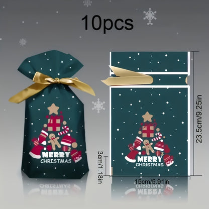 10-Pack Festive Christmas Gift Bags with Drawstring - Plastic Treat Bags for Cookies, Candy, and Snacks - Holiday Party Favor Packaging