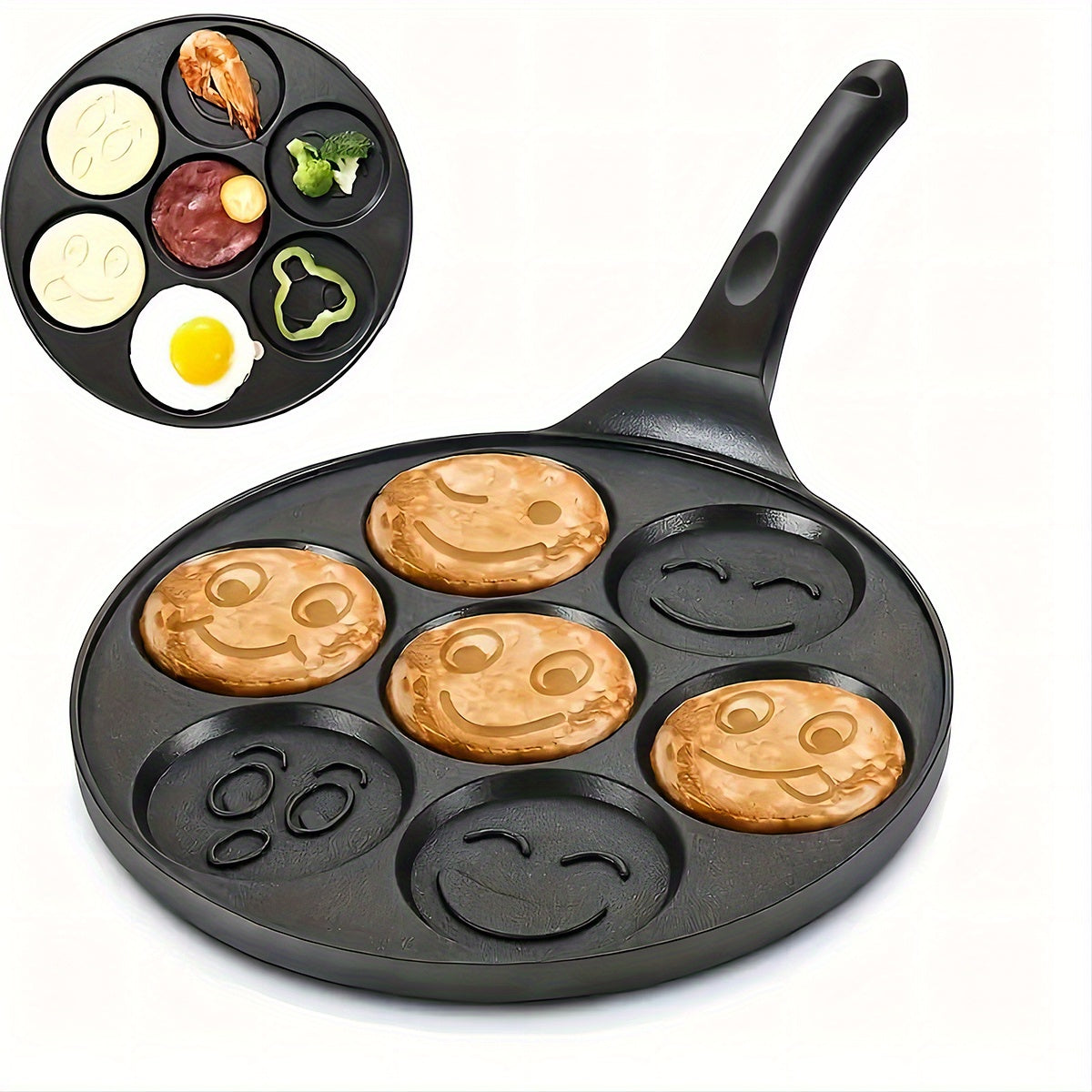 Joyful Face 7-Cavity Non-Stick Pancake & Egg Pan - Cute Cartoon Design, Easy Clean Aluminum Cookware for Kitchen and Dining