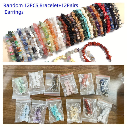 36-PCS Handmade Natural Stone Jewelry Set - Unique Irregular Design, 12-Strand Bracelet + 12 Pairs Earrings for Women and Men - Perfect Birthday, Party, Halloween, Christmas Gift Idea