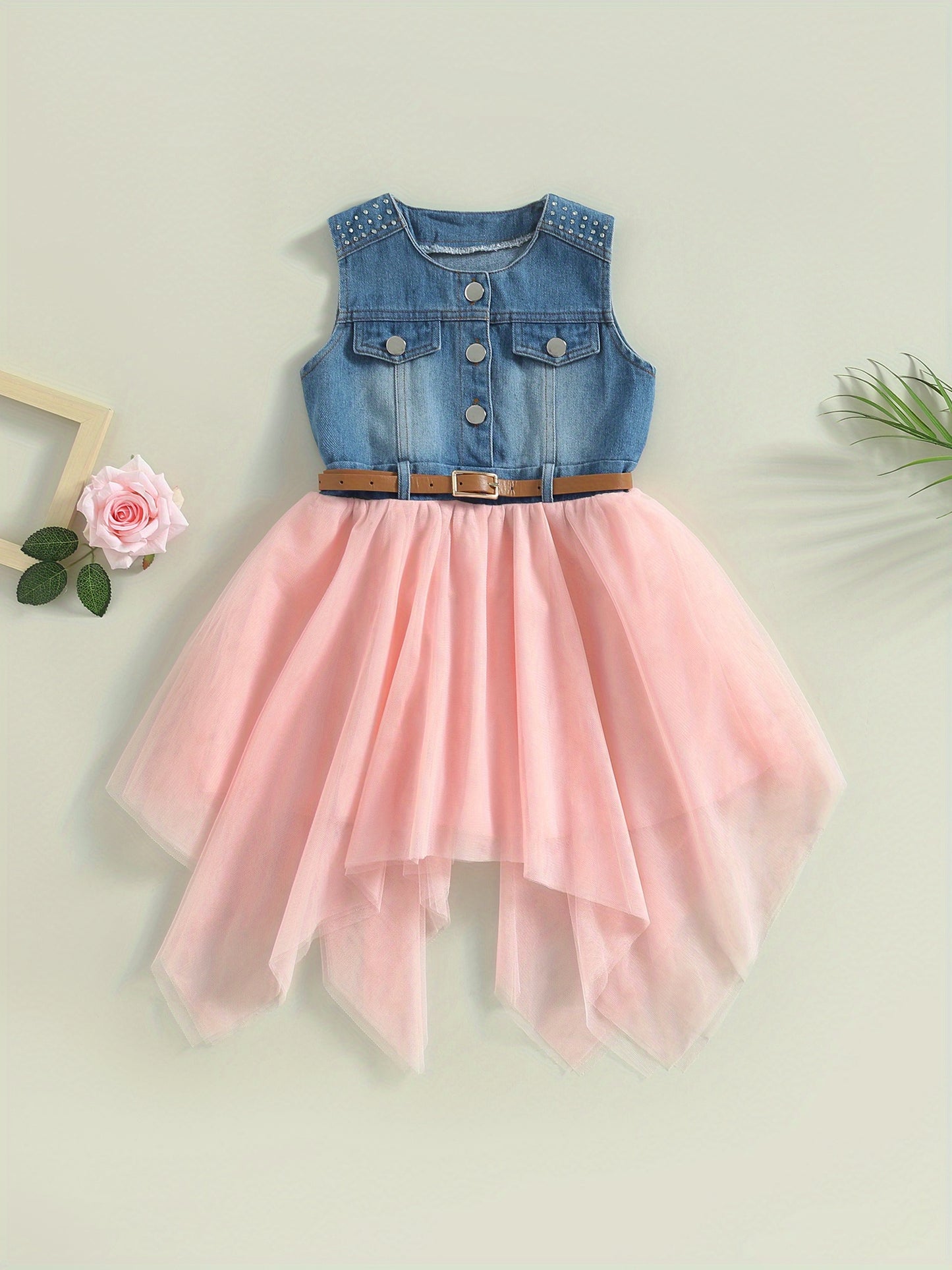 Toddler Girls Summer Patchwork Fashion Dress Sleeveless Round Neck Button Mesh Denim Dress with Belt