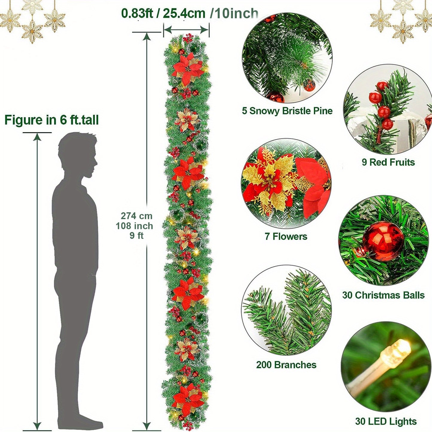 9ft LED-Lit Artificial Christmas Garland with Red Flowers - Battery Operated, Perfect for Home Decor, Stairs, Fireplace, and Front Porch Display, Christmas Decor