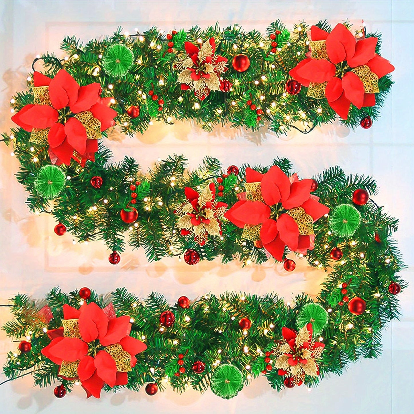 9ft LED-Lit Artificial Christmas Garland with Red Flowers - Battery Operated, Perfect for Home Decor, Stairs, Fireplace, and Front Porch Display, Christmas Decor
