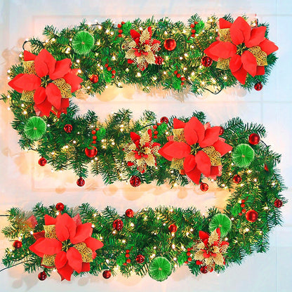 9ft LED-Lit Artificial Christmas Garland with Red Flowers - Battery Operated, Perfect for Home Decor, Stairs, Fireplace, and Front Porch Display, Christmas Decor