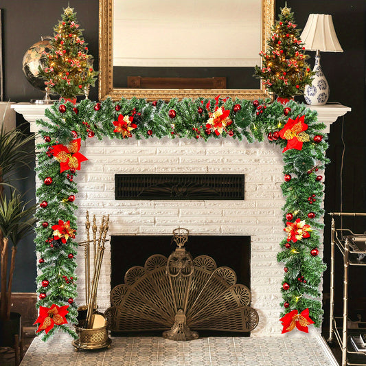 9ft LED-Lit Artificial Christmas Garland with Red Flowers - Battery Operated, Perfect for Home Decor, Stairs, Fireplace, and Front Porch Display, Christmas Decor