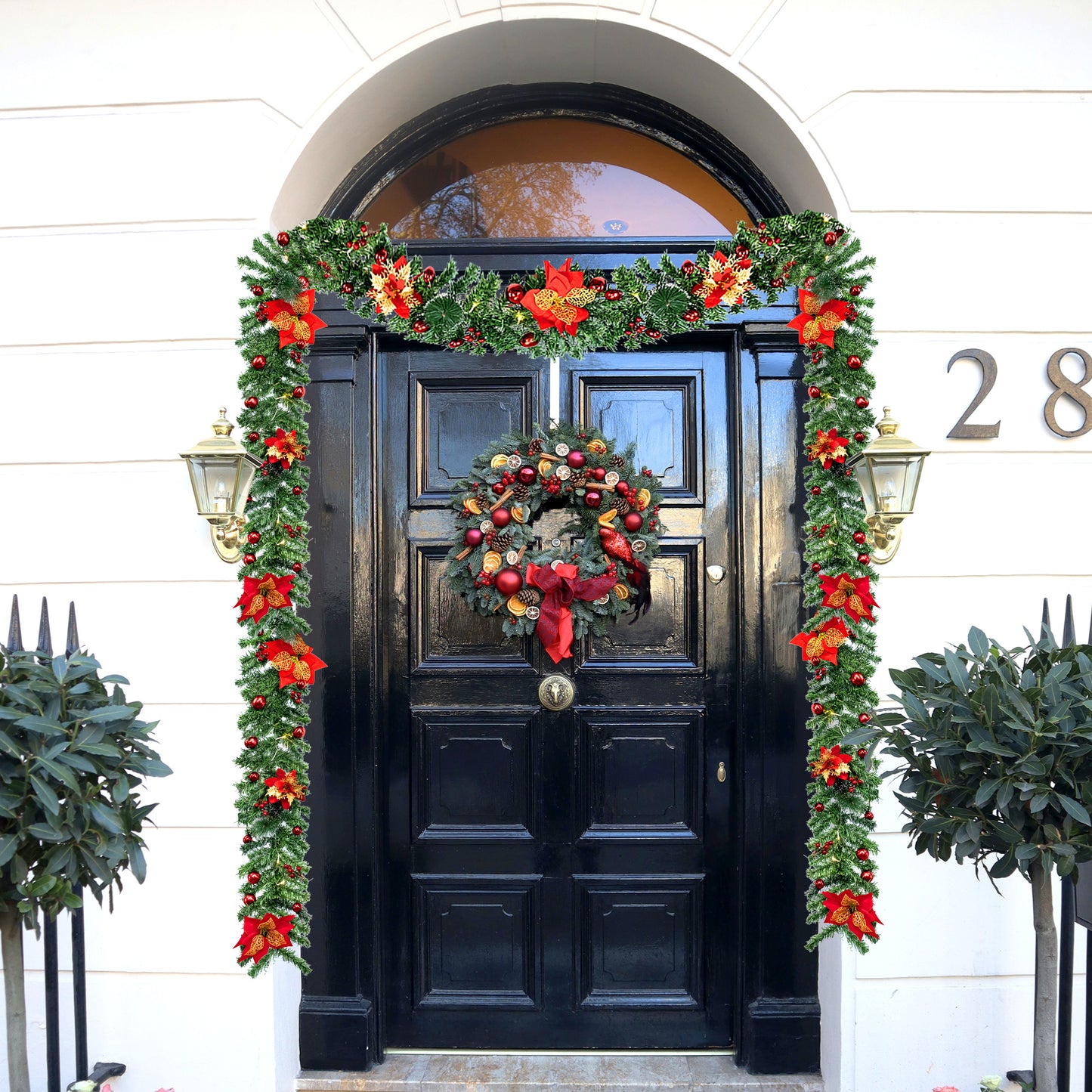 9ft LED-Lit Artificial Christmas Garland with Red Flowers - Battery Operated, Perfect for Home Decor, Stairs, Fireplace, and Front Porch Display, Christmas Decor