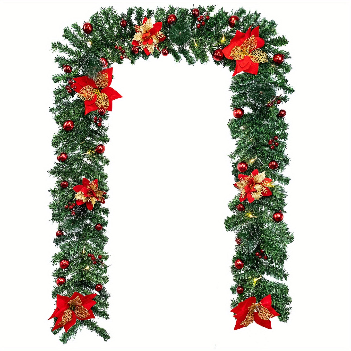 9ft LED-Lit Artificial Christmas Garland with Red Flowers - Battery Operated, Perfect for Home Decor, Stairs, Fireplace, and Front Porch Display, Christmas Decor