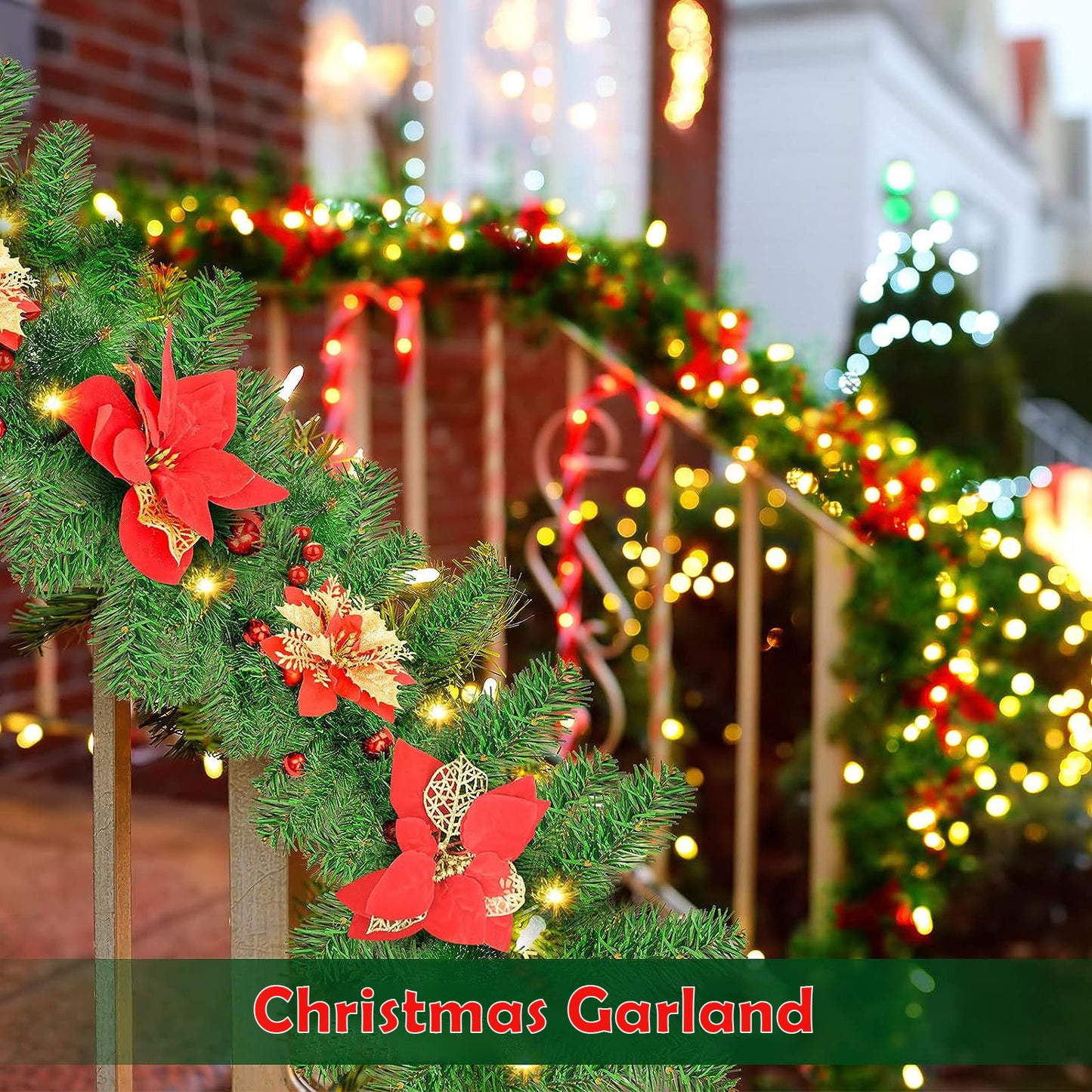 9ft LED-Lit Artificial Christmas Garland with Red Flowers - Battery Operated, Perfect for Home Decor, Stairs, Fireplace, and Front Porch Display, Christmas Decor