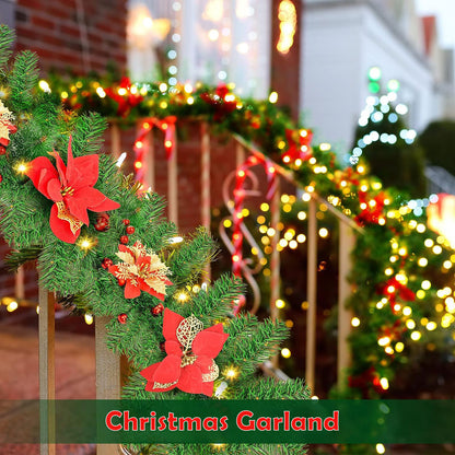 9ft LED-Lit Artificial Christmas Garland with Red Flowers - Battery Operated, Perfect for Home Decor, Stairs, Fireplace, and Front Porch Display, Christmas Decor