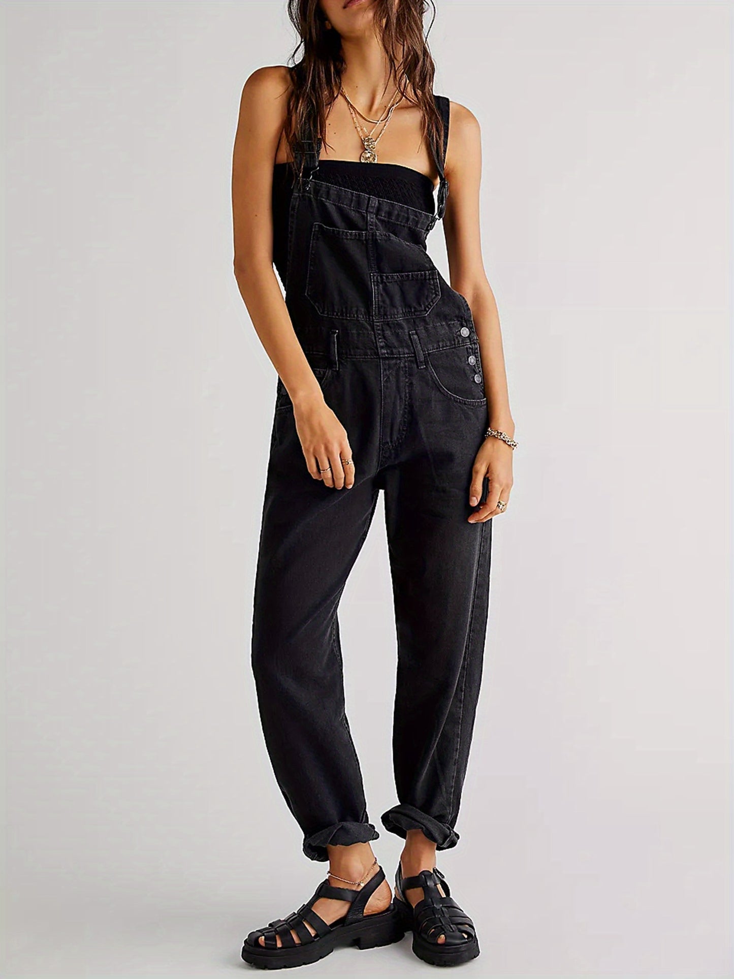 Women Denim Long Jumpsuit Casual Spaghetti Strap Wide Leg Romper Pants Summer Baggy Bib Overalls