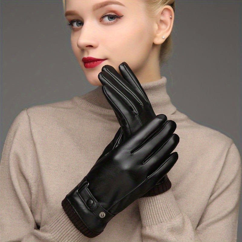 CarrKen Women's Winter Cycling Gloves - Thickened Plus Velvet Warmth, Waterproof Windproof Touch Screen Faux Leather, Elastic Fit for Casual Outdoor Use