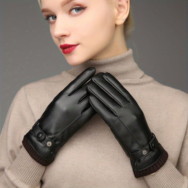 CarrKen Women's Winter Cycling Gloves - Thickened Plus Velvet Warmth, Waterproof Windproof Touch Screen Faux Leather, Elastic Fit for Casual Outdoor Use