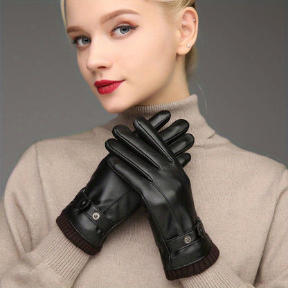 CarrKen Women's Winter Cycling Gloves - Thickened Plus Velvet Warmth, Waterproof Windproof Touch Screen Faux Leather, Elastic Fit for Casual Outdoor Use