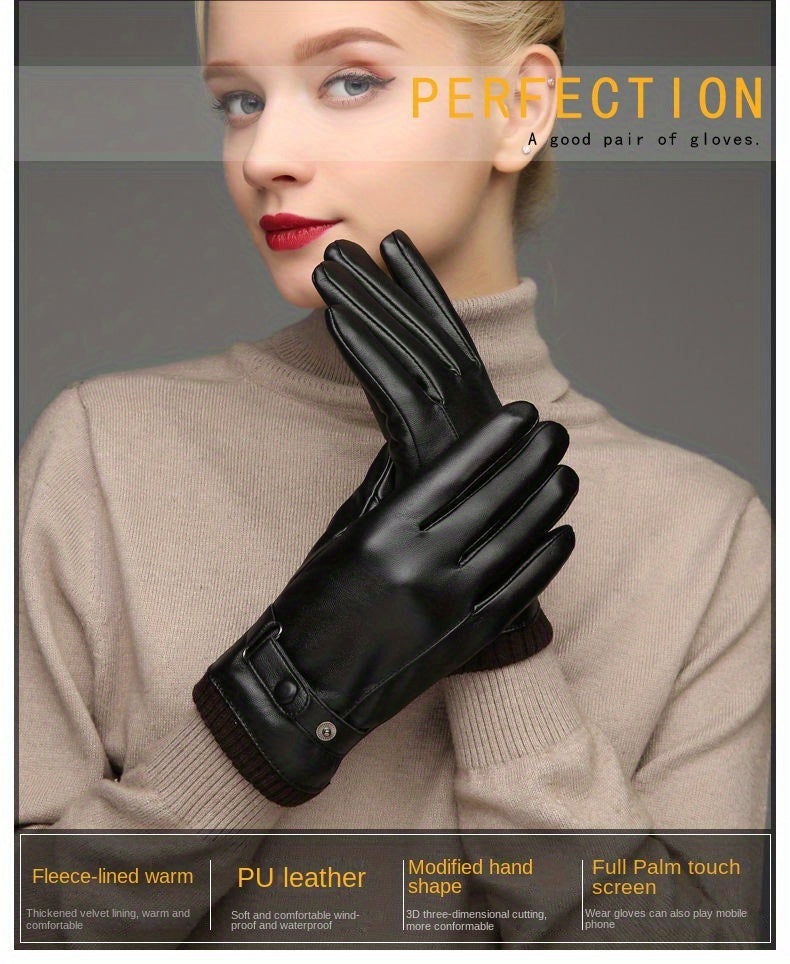 CarrKen Women's Winter Cycling Gloves - Thickened Plus Velvet Warmth, Waterproof Windproof Touch Screen Faux Leather, Elastic Fit for Casual Outdoor Use