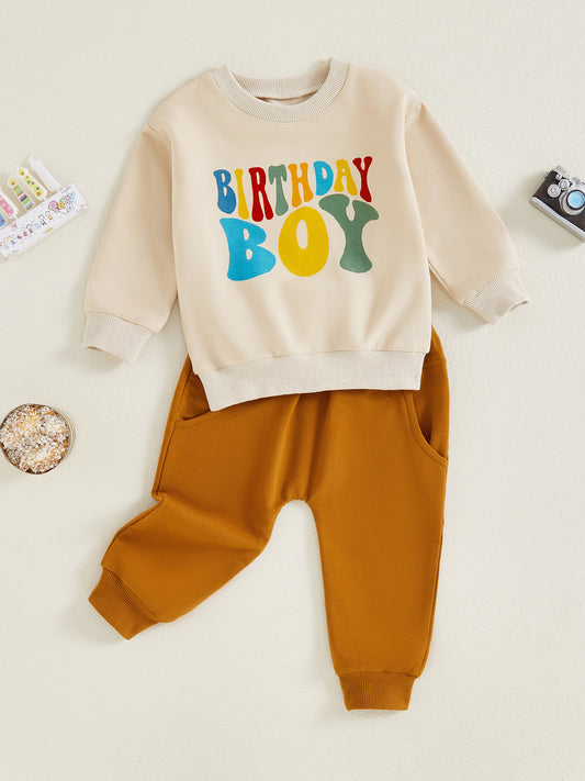 0-4Y Toddler Kids Boys Birthday Clothes Sets Long Sleeve Crew Neck Letters Print Sweatshirt with Solid Pants