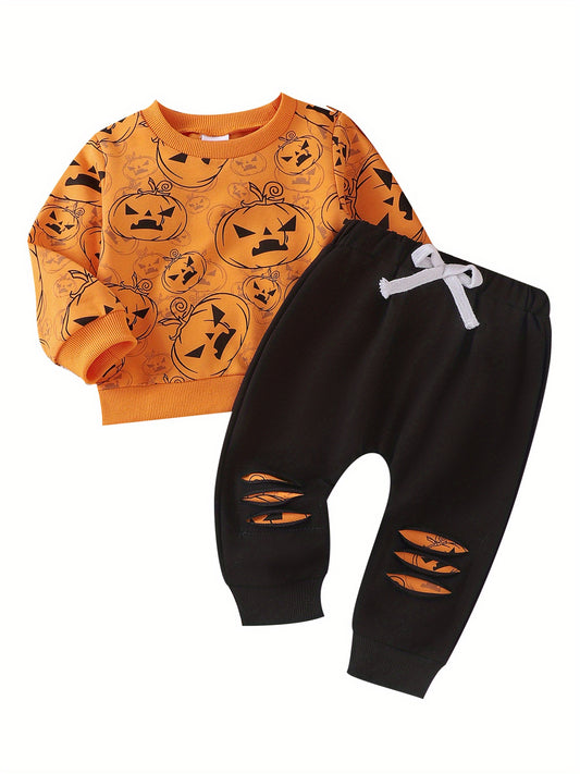 2-Piece Toddler Baby Boy's Halloween Layette Set - Long Sleeve Pumpkin Print Sweatshirt with Contrast Color Sweatpants - Spooky Comfortable Clothing for Little Monsters