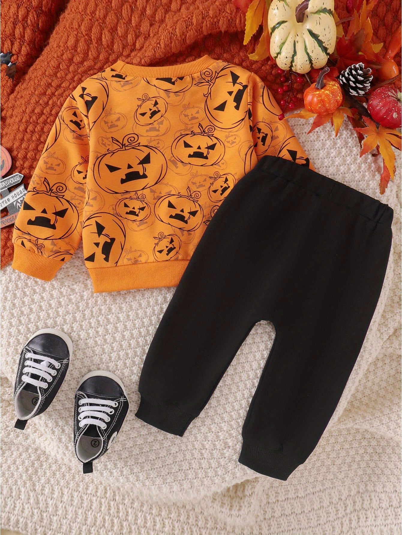2-Piece Toddler Baby Boy's Halloween Layette Set - Long Sleeve Pumpkin Print Sweatshirt with Contrast Color Sweatpants - Spooky Comfortable Clothing for Little Monsters