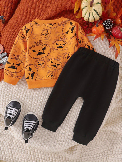 2-Piece Toddler Baby Boy's Halloween Layette Set - Long Sleeve Pumpkin Print Sweatshirt with Contrast Color Sweatpants - Spooky Comfortable Clothing for Little Monsters