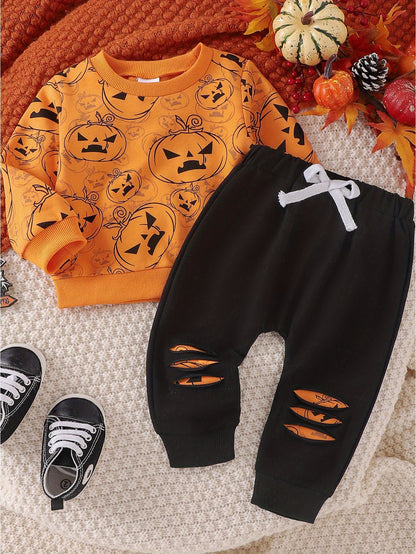 2-Piece Toddler Baby Boy's Halloween Layette Set - Long Sleeve Pumpkin Print Sweatshirt with Contrast Color Sweatpants - Spooky Comfortable Clothing for Little Monsters