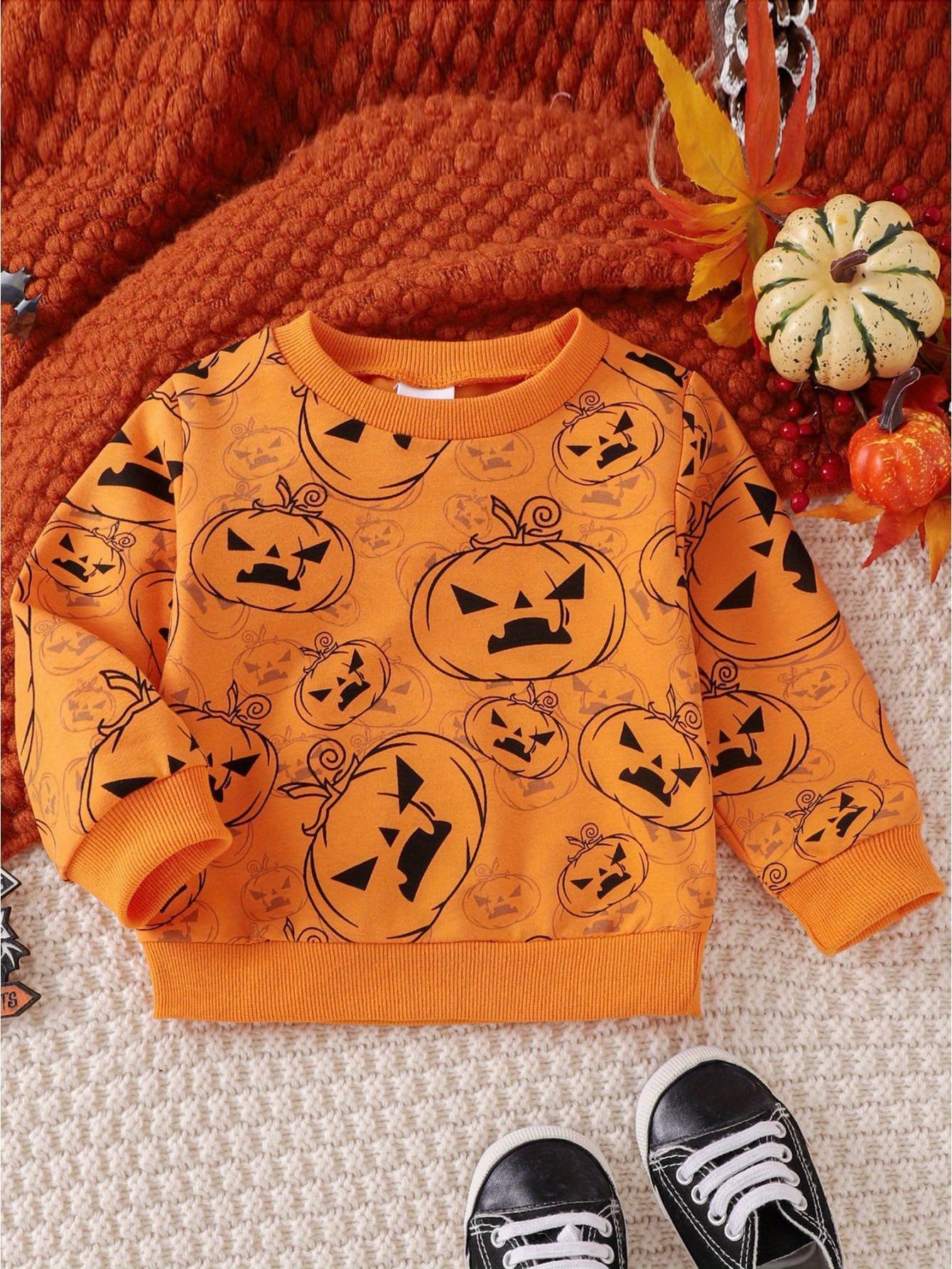 2-Piece Toddler Baby Boy's Halloween Layette Set - Long Sleeve Pumpkin Print Sweatshirt with Contrast Color Sweatpants - Spooky Comfortable Clothing for Little Monsters