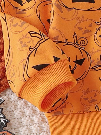 2-Piece Toddler Baby Boy's Halloween Layette Set - Long Sleeve Pumpkin Print Sweatshirt with Contrast Color Sweatpants - Spooky Comfortable Clothing for Little Monsters