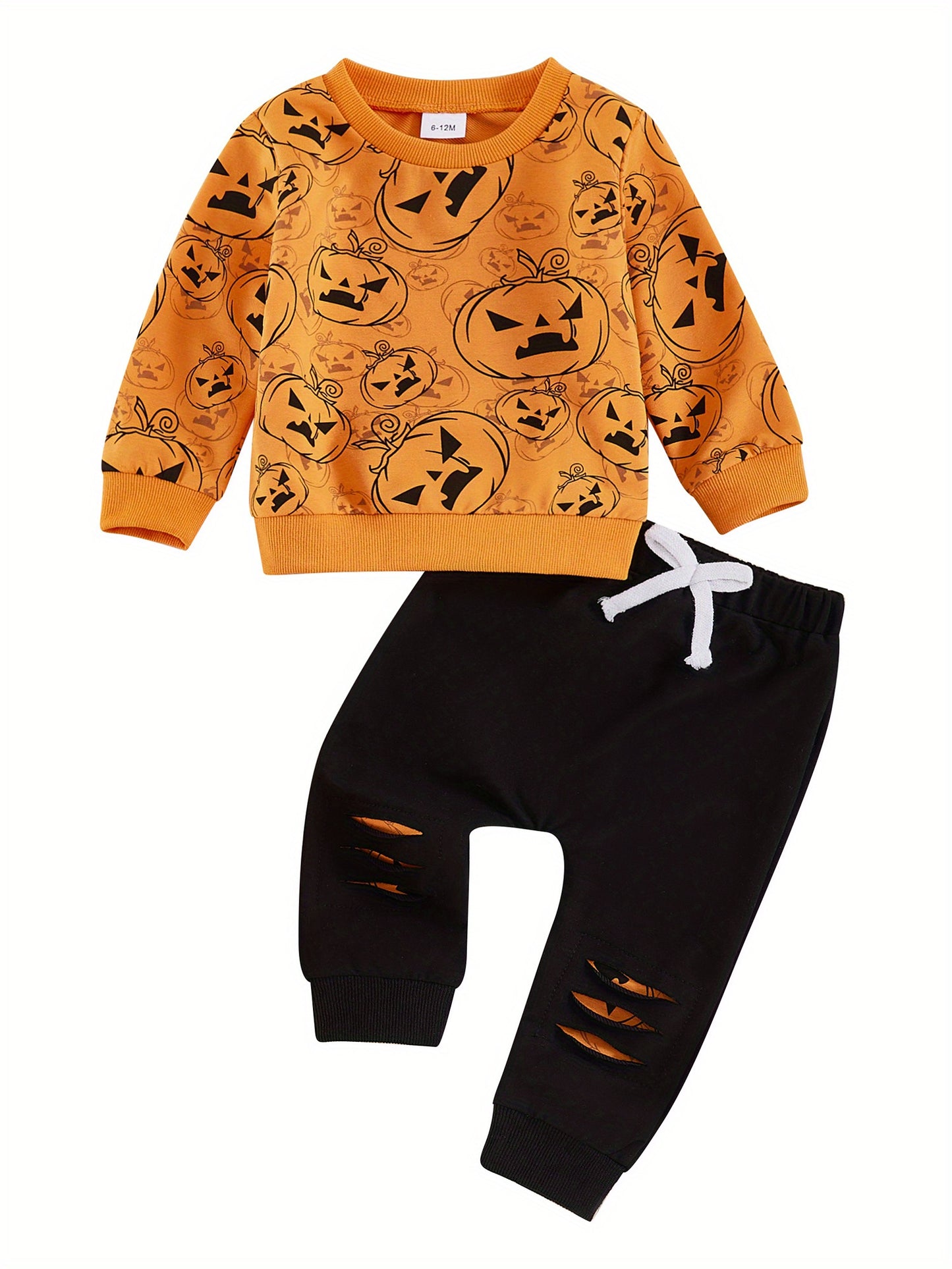 2-Piece Toddler Baby Boy's Halloween Layette Set - Long Sleeve Pumpkin Print Sweatshirt with Contrast Color Sweatpants - Spooky Comfortable Clothing for Little Monsters