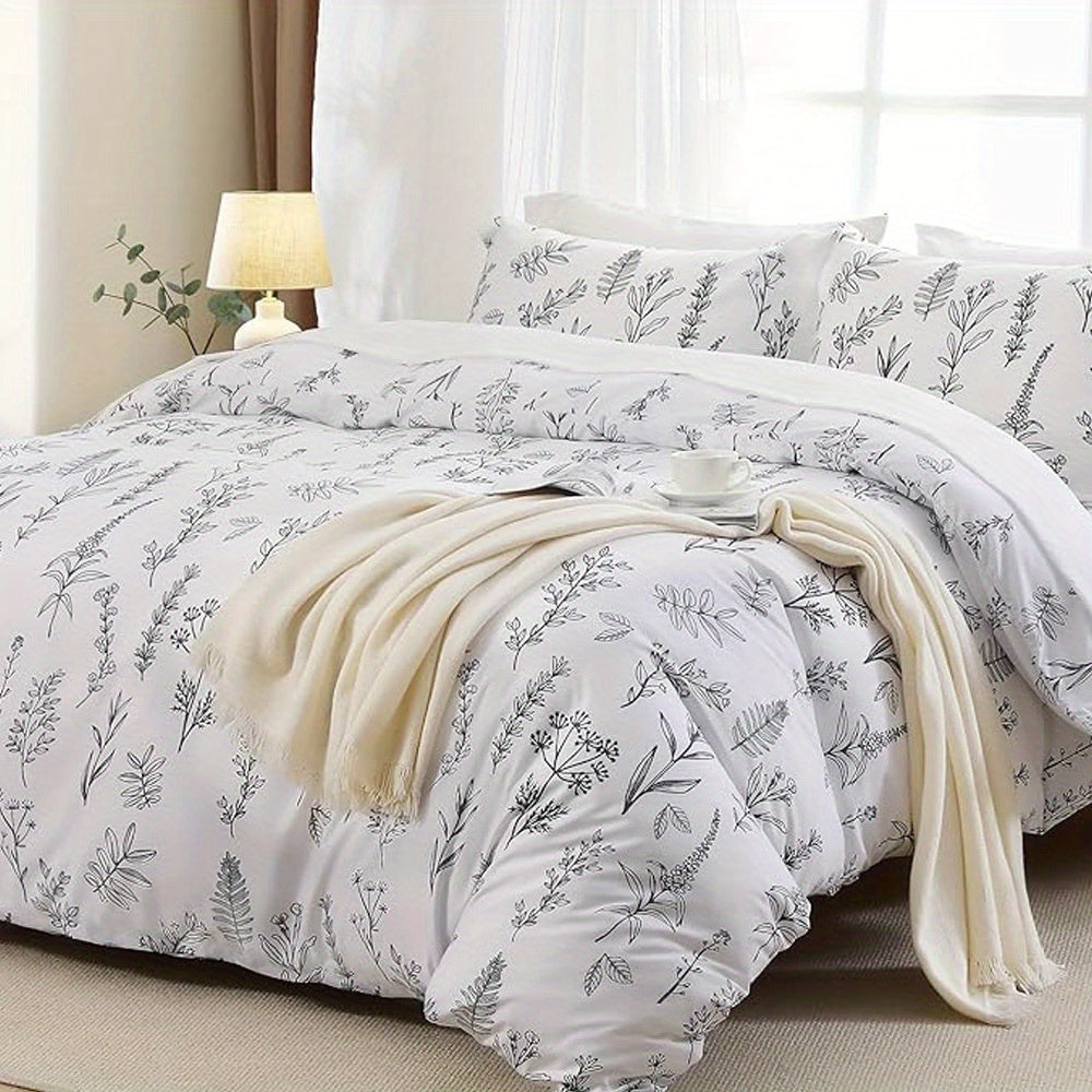 Duvet Cover Set, Reversible Floral Duvet Cover Set with Zipper Closure, Botanical Patterns Soft Microfiber Bedding Set with 4 Ties, 21 Colors, All Size