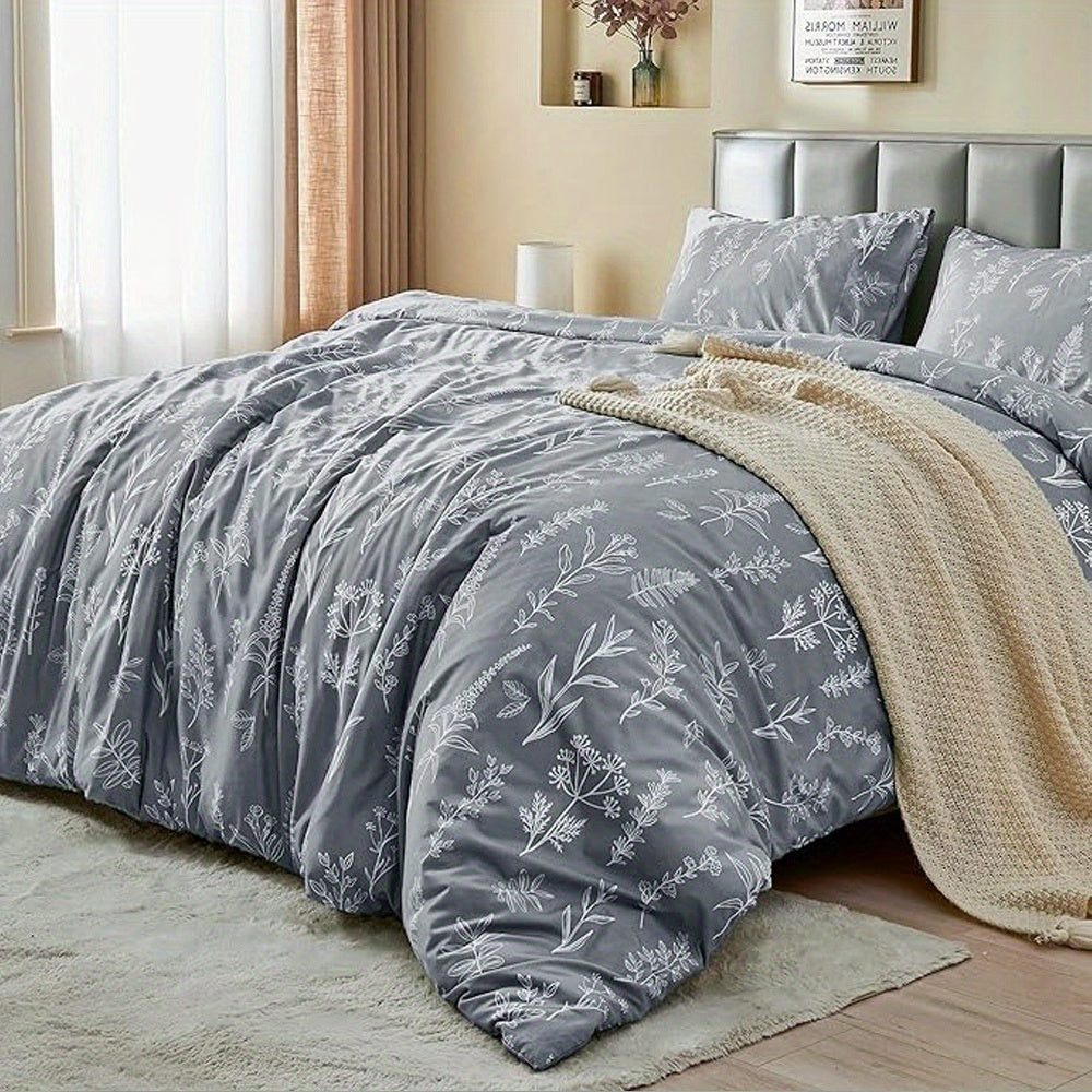 Duvet Cover Set, Reversible Floral Duvet Cover Set with Zipper Closure, Botanical Patterns Soft Microfiber Bedding Set with 4 Ties, 21 Colors, All Size