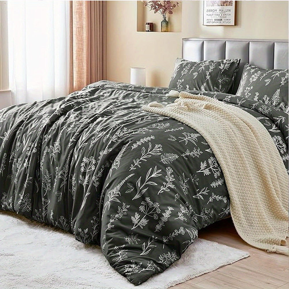 Duvet Cover Set, Reversible Floral Duvet Cover Set with Zipper Closure, Botanical Patterns Soft Microfiber Bedding Set with 4 Ties, 21 Colors, All Size