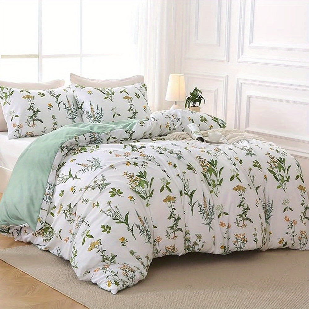 Duvet Cover Set, Reversible Floral Duvet Cover Set with Zipper Closure, Botanical Patterns Soft Microfiber Bedding Set with 4 Ties, 21 Colors, All Size