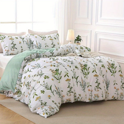 Duvet Cover Set, Reversible Floral Duvet Cover Set with Zipper Closure, Botanical Patterns Soft Microfiber Bedding Set with 4 Ties, 21 Colors, All Size