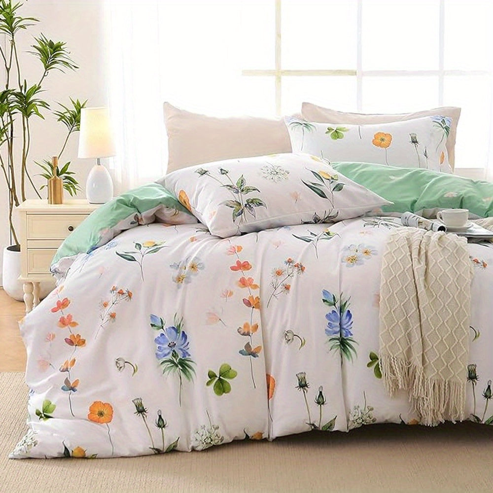 Duvet Cover Set, Reversible Floral Duvet Cover Set with Zipper Closure, Botanical Patterns Soft Microfiber Bedding Set with 4 Ties, 21 Colors, All Size