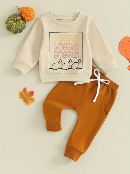 Toddler Boy Thanksgiving 2Pcs Warm Outfit Letter Print Long Sleeve Pullover and Elastic Waist Pants for Daily Wear