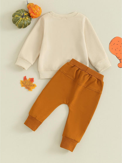 Toddler Boy Thanksgiving 2Pcs Warm Outfit Letter Print Long Sleeve Pullover and Elastic Waist Pants for Daily Wear