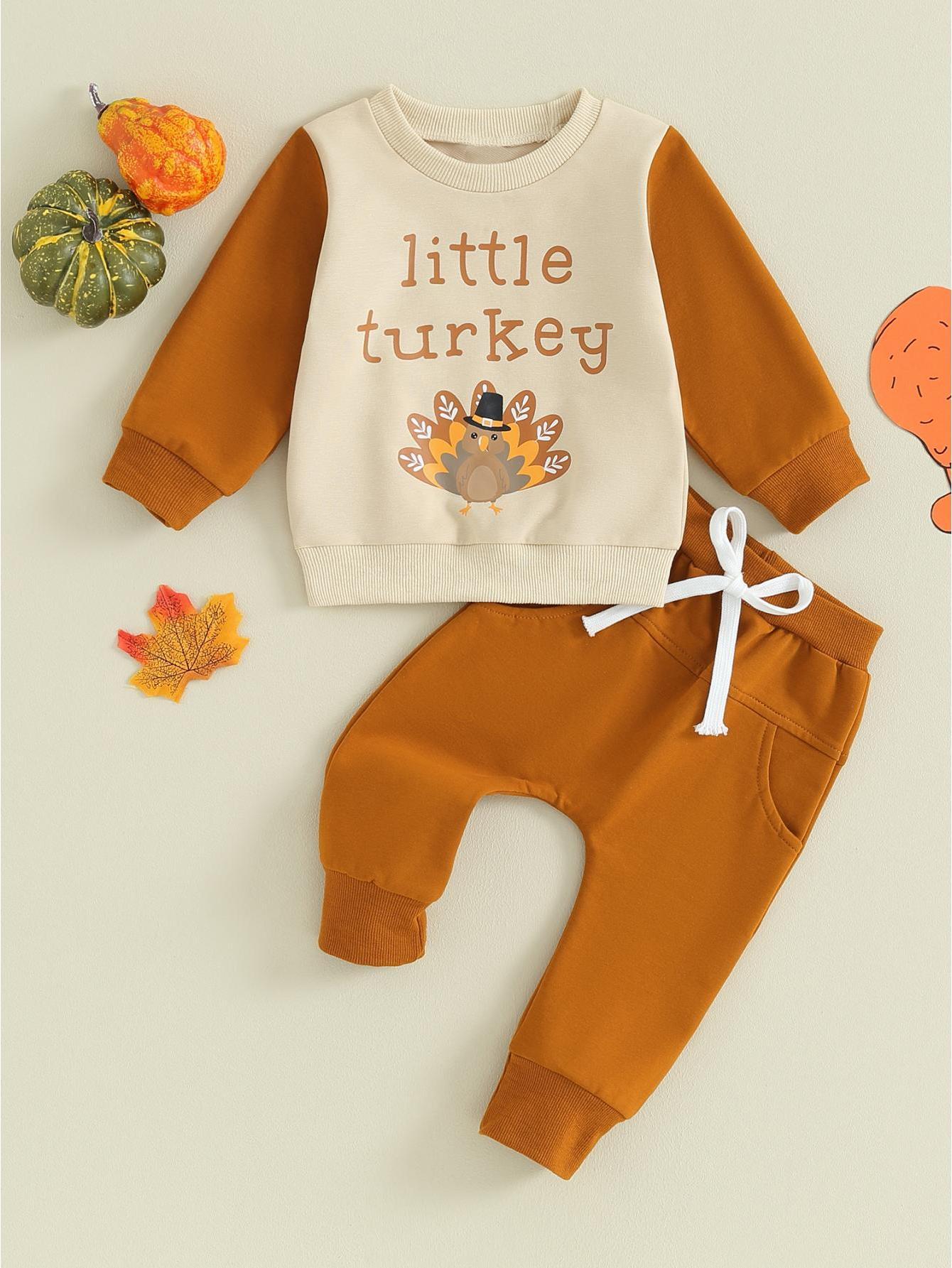 Toddler Boy Thanksgiving 2Pcs Warm Outfit Letter Print Long Sleeve Pullover and Elastic Waist Pants for Daily Wear