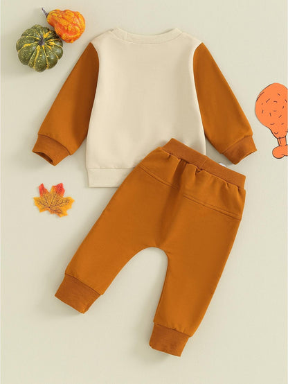 Toddler Boy Thanksgiving 2Pcs Warm Outfit Letter Print Long Sleeve Pullover and Elastic Waist Pants for Daily Wear