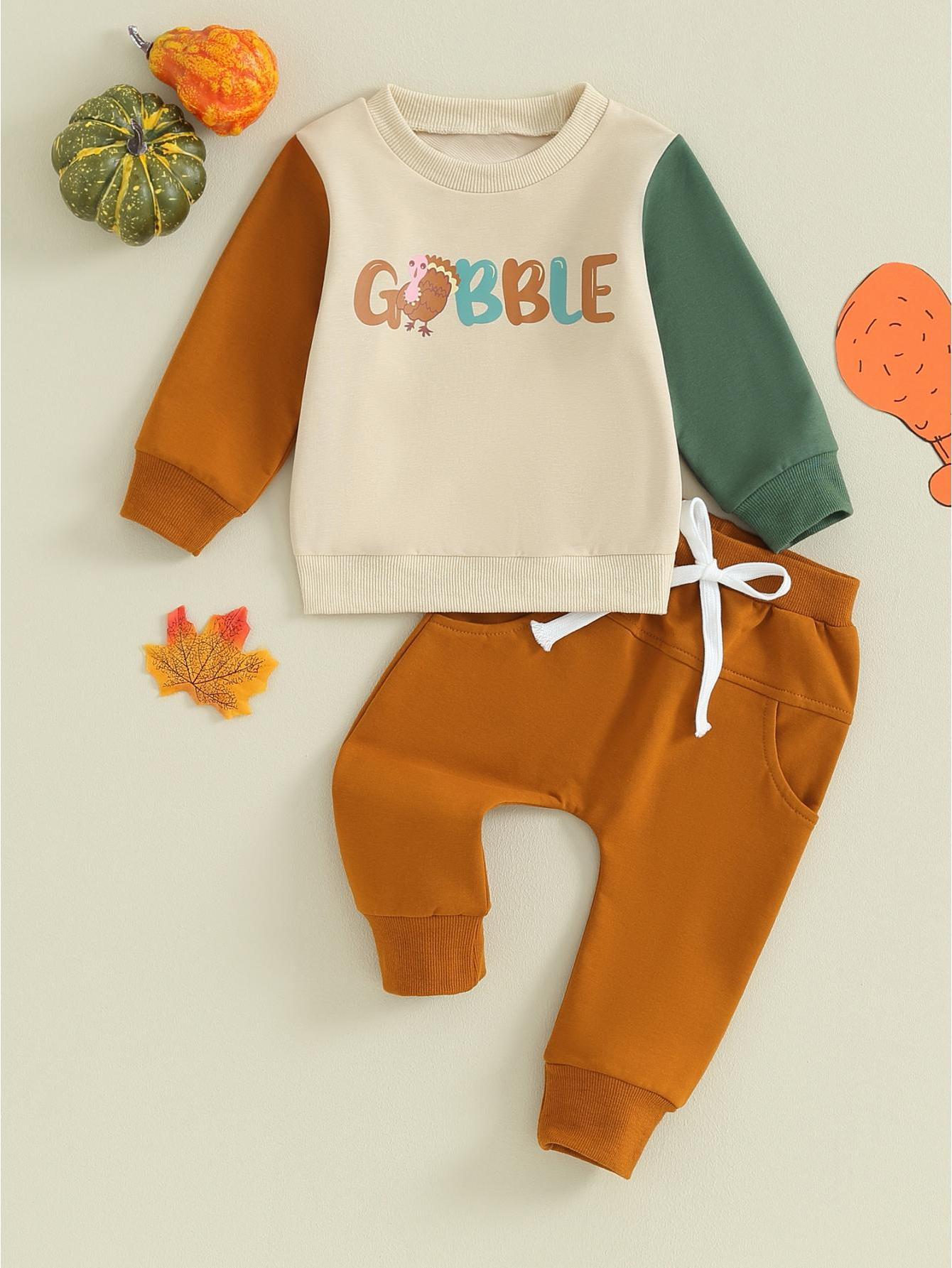 Toddler Boy Thanksgiving 2Pcs Warm Outfit Letter Print Long Sleeve Pullover and Elastic Waist Pants for Daily Wear