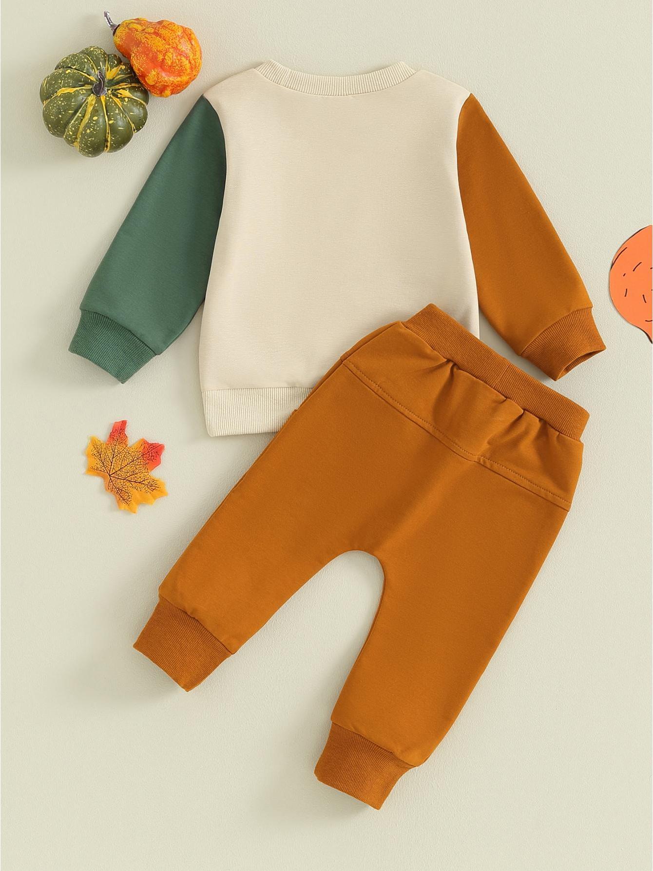 Toddler Boy Thanksgiving 2Pcs Warm Outfit Letter Print Long Sleeve Pullover and Elastic Waist Pants for Daily Wear