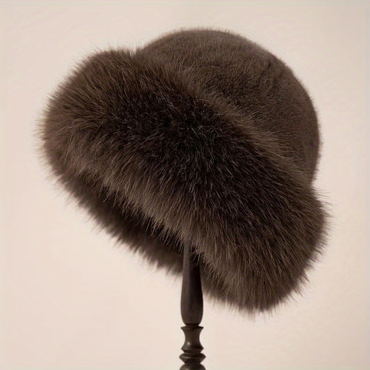 Elegant Women's Faux Fur Beanie With Fox Trim - Thick, Warm & Stretchy Winter Hat For Ear Protection | Perfect Holiday Gift