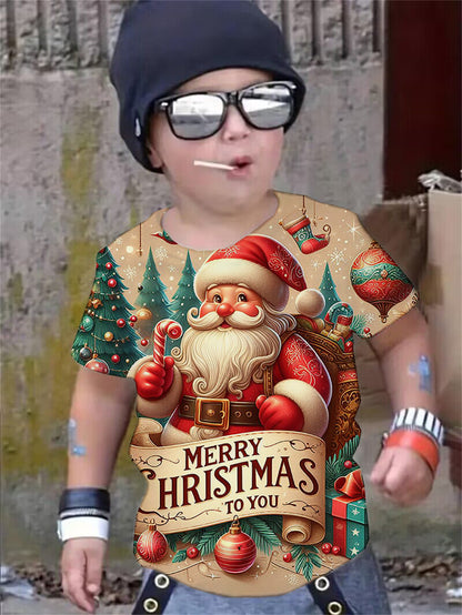 Boys' Fun 3D Print Santa Claus T-Shirt, Lightweight Comfy Short Sleeve Tee Top for Summer, Casual Creative Design