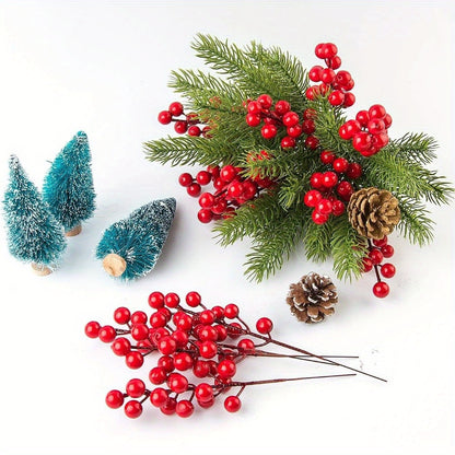 30pcs Artificial Pine Branches with Christmas Holly Berries and Red Berry Stems for Christmas Wreath Decorations and Xmas Tree Decoration