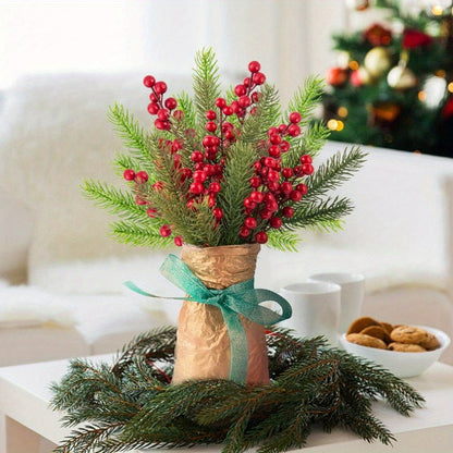 30pcs Artificial Pine Branches with Christmas Holly Berries and Red Berry Stems for Christmas Wreath Decorations and Xmas Tree Decoration