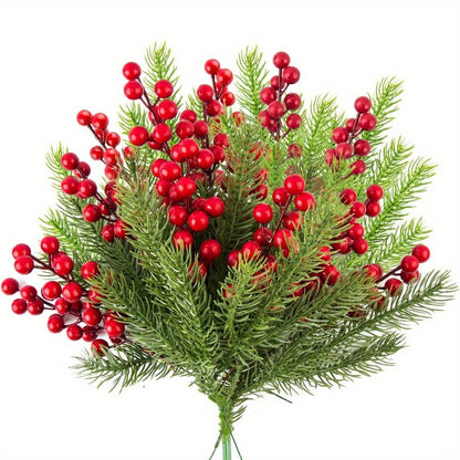 30pcs Artificial Pine Branches with Christmas Holly Berries and Red Berry Stems for Christmas Wreath Decorations and Xmas Tree Decoration